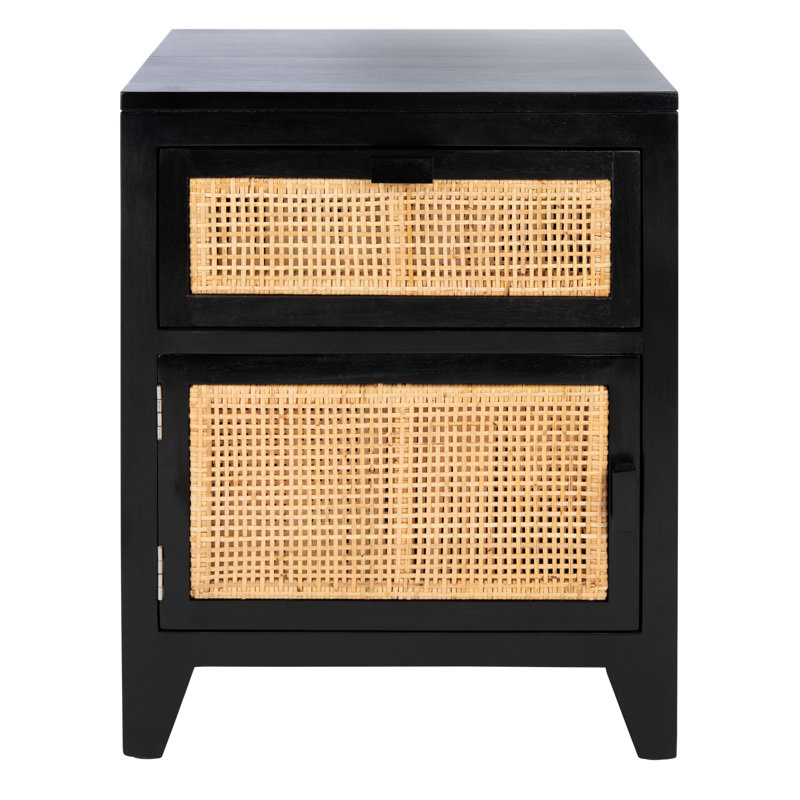 Elegant Blumenthal Rattan and Mahogany Nightstand – 18'' W Solid Wood Table with Sleek Drawer Pulls, Black