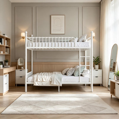 Queen Over Queen Size Metal Bunk Bed,Convertible Round Tube Sturdy Bunk Bed Frame with Curved Guardrail,Can Be Split into Two Separate Beds,No Box Spring Needed,Space-Saving Bunk Bed for Kids Teens Adults Bedroom,White.