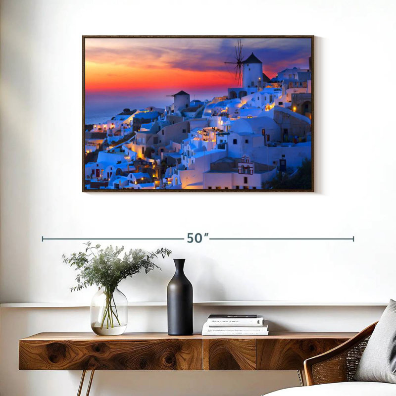 Lumières de Santorin, 37 po x 25 po, Cadre flottant noyer