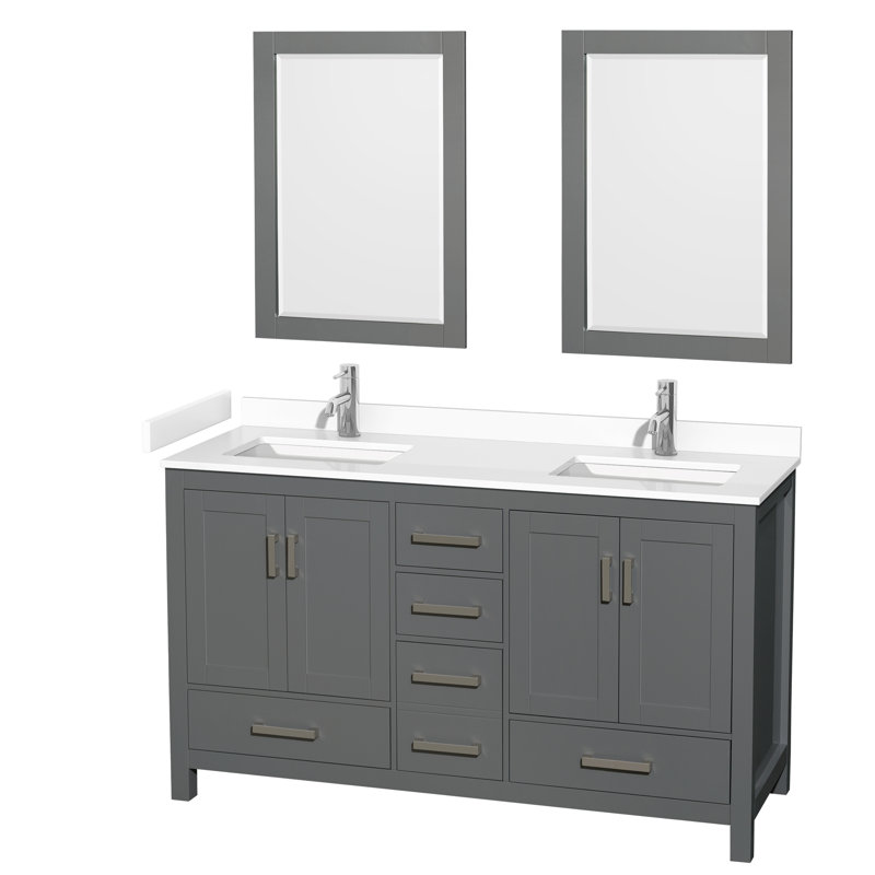 Sheffield 60" Bathroom Vanity Set with 24" Mirror, White Cultured Marble, Dark Gray