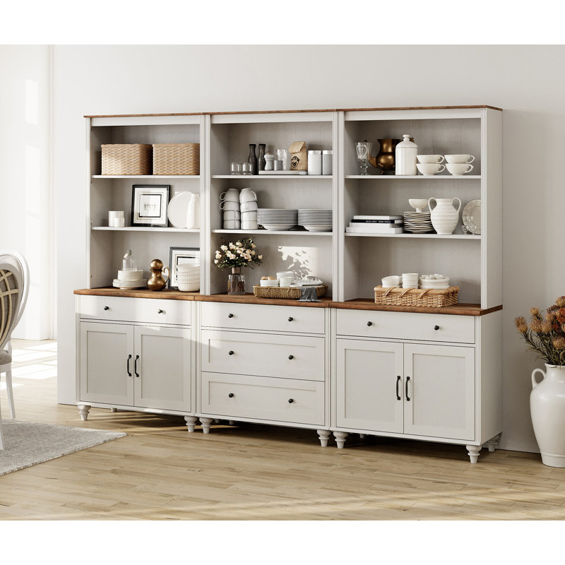 101'' Kitchen Pantry Cabinets With Bar Hutch, Mid-Century Modern Buffet Cabinet With 4 Wood Doors, 5 Drawers And 3 Tier Shelves For Home Decor & Living Room & Home Office