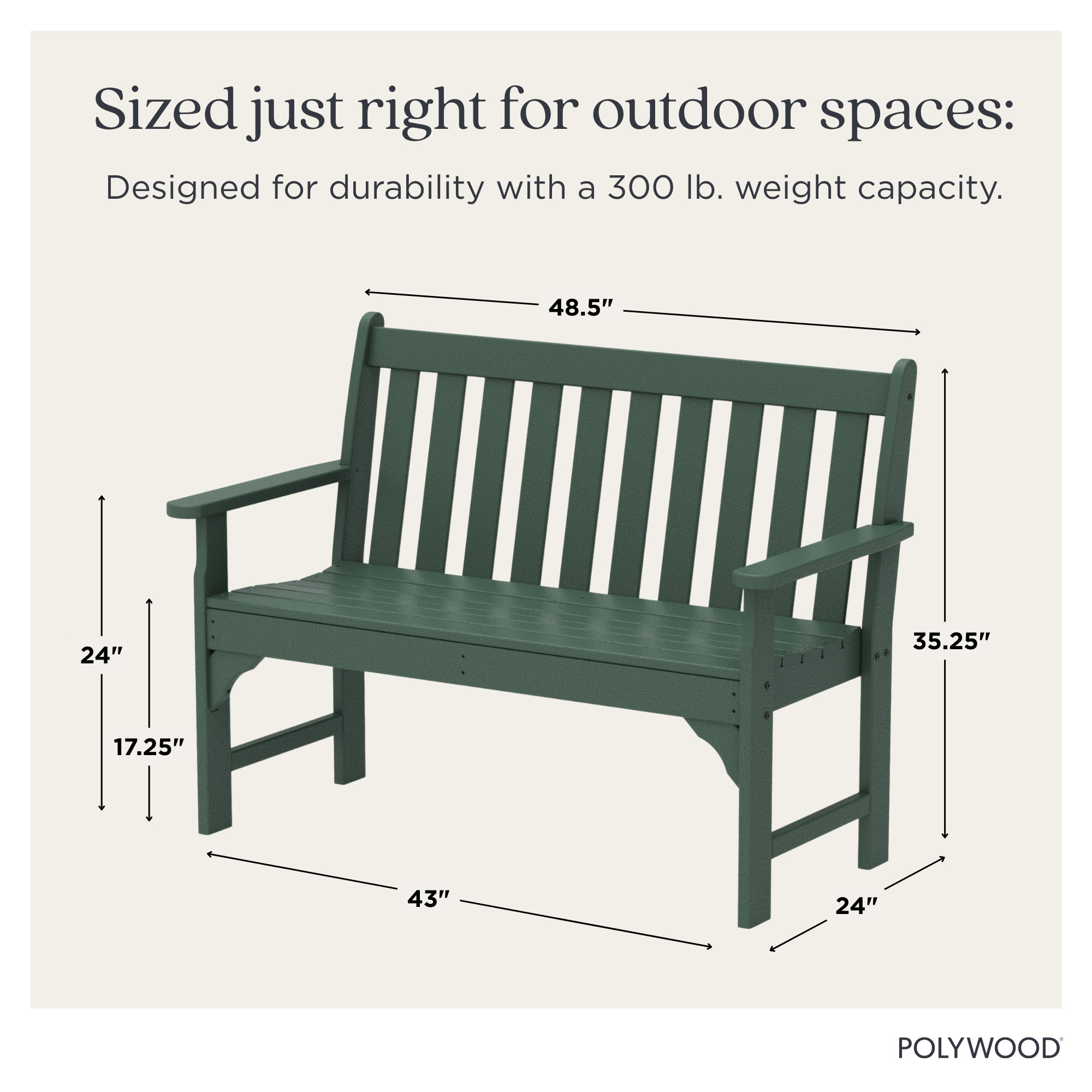 POLYWOOD Vineyard Patio Bench, Green, 35.25" H x 48" W x 24" D