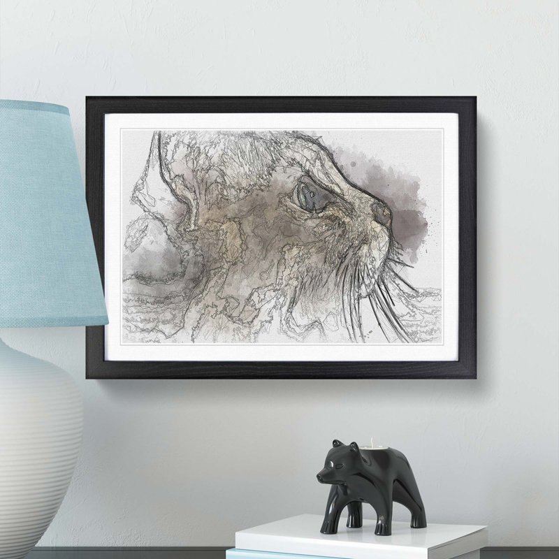 Curious Cat in Abstract - Picture Frame Graphic Art Print, Black Framed, 62cm H x 87cm W x 2cm D