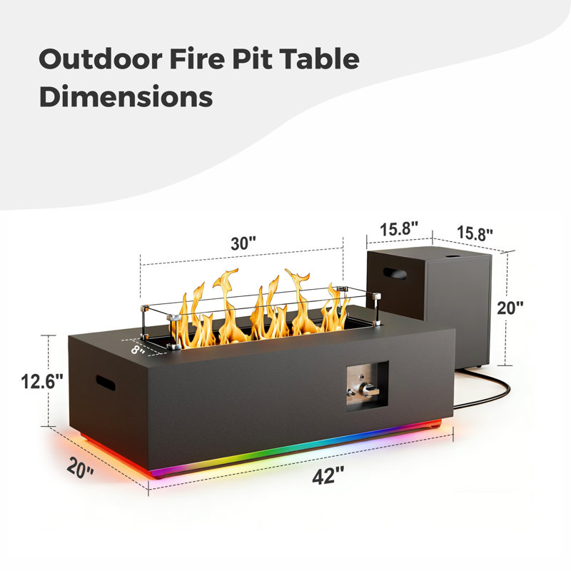 Table de foyer rectangulaire au propane de 107 cm (42 po) avec éclairage DEL multicolore, brûleur de 50 000 BTU et rangement pour la bouteille de gaz, noir. Idéal pour terrasse, patio, jardin ou cour arrière.