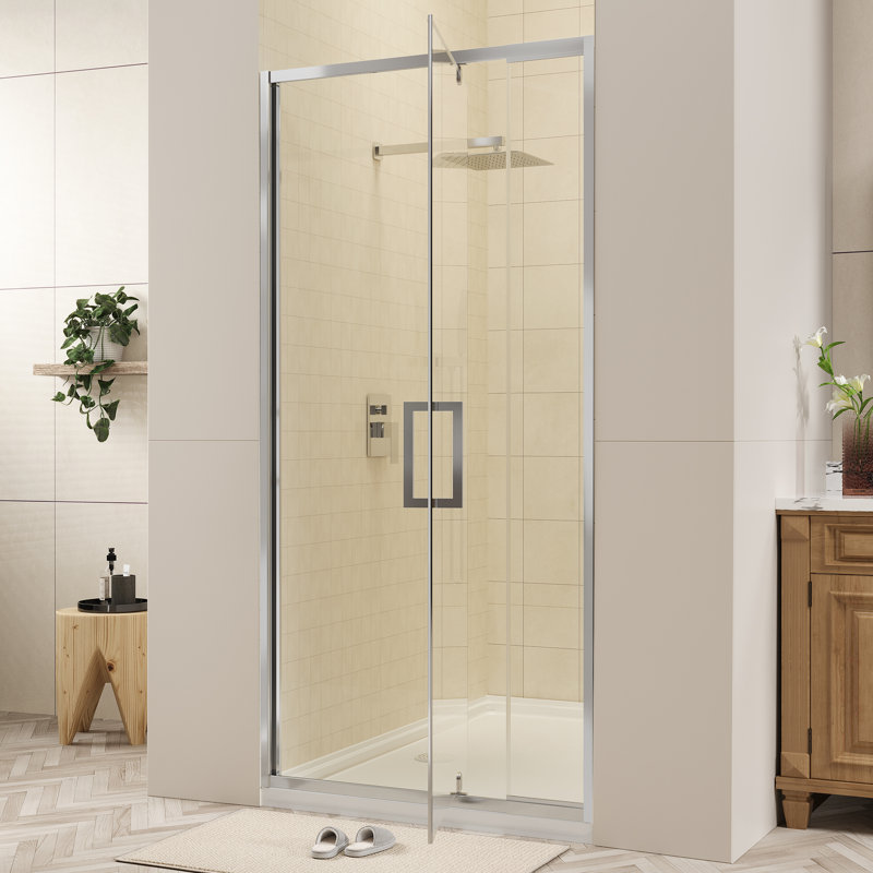 Porte de douche à cadre pivotante en chrome avec verre transparent, Chrome chrome