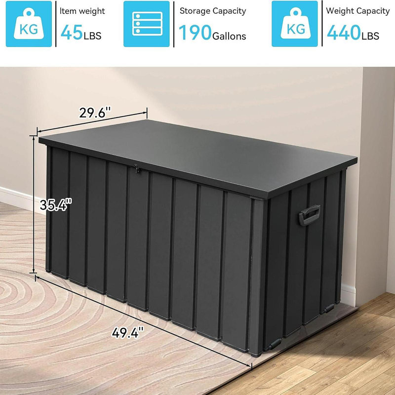 190 Gallon Metal Deck Box, Waterproof Steel Outdoor Box, Large Patio Furniture Storage Cabinet, Lockable Storage Bench For Porch Package Delivery, Pillows, Cushions, Pool, Tools, Backyard, Grey