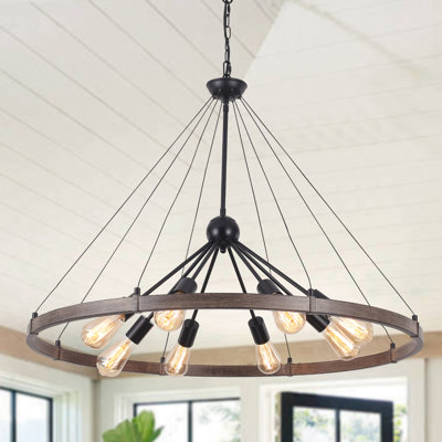 Kelcie 8- Light 35.4'' Dimmable Modern Farmhouse Sputnik Wagon Wheel Chandelier in Black and Brown for Dining Room Entryway