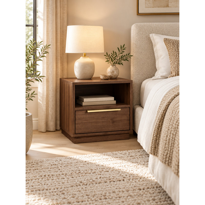 Modern Walnut Nightstand with Storage Drawer, Open Shelf & Gold Handle – Contemporary Bedside Table