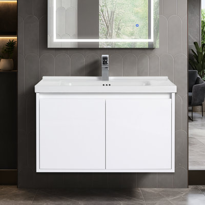 Meuble-lavabo mural blanc brillant 32 po Blossom - Armoire flottante en bois, lavabo en céramique, portes à fermeture douce, conception compact
