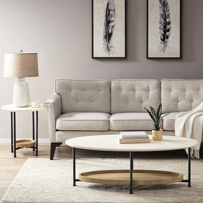 Table basse Modern Living - ovale, plateau blanc, tablette naturelle, base ovale en métal avec plateau fini