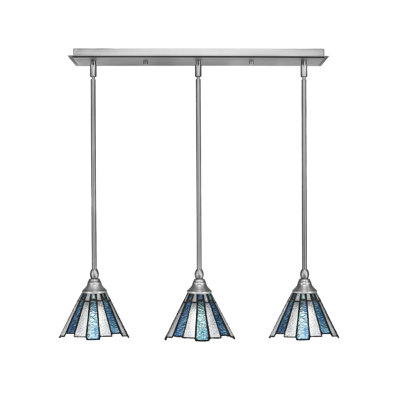 3 Light Stem Hung Linear Pendalier Shown In Brushed Nickel Finish With 7" Sea Ice Art Glass