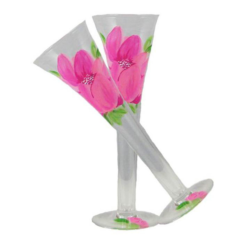Hand Painted Pink Peony Glass Flute Set