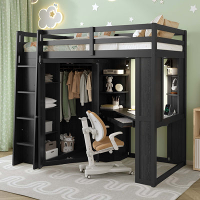 Lit mezzanine simple avec grand garde-robe et bureau intégrés, lit haut tout-en-un peu encombrant avec plateau à clavier coulissant, station de charge et deux projecteurs en métal