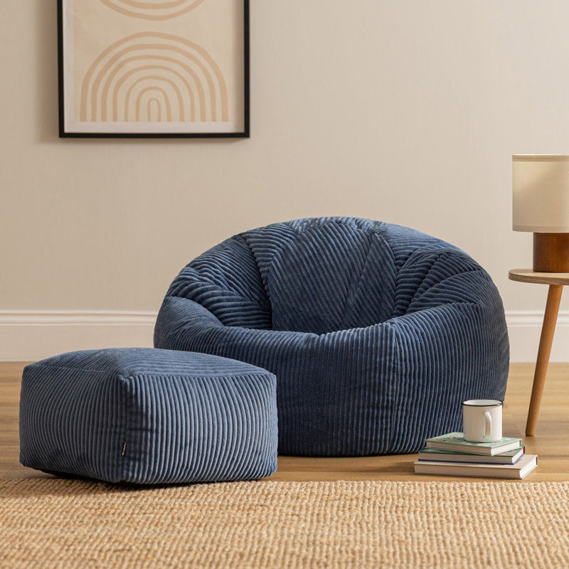 icon Kingston Cord Adults Bean Bag Chair and Pouffe, Ready Filled Beanbag and Footstool Navy Blue, Blue