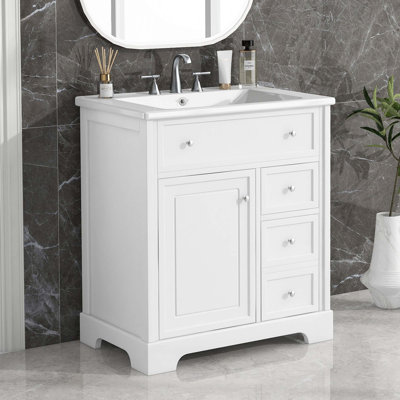 Meuble-lavabo de 30 po avec comptoir, meuble-lavabo avec porte et deux tiroirs, planches en panneau de fibres à densité moyenne, bois massif, un paquet