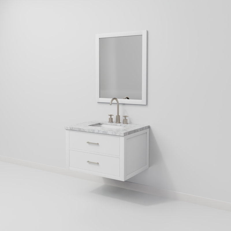 Ensemble de meuble-lavabo simple l 30 po x P 22 po, miroir 28 po et robinet chromé Castor, Blanc, Marbre de Carrare blanc