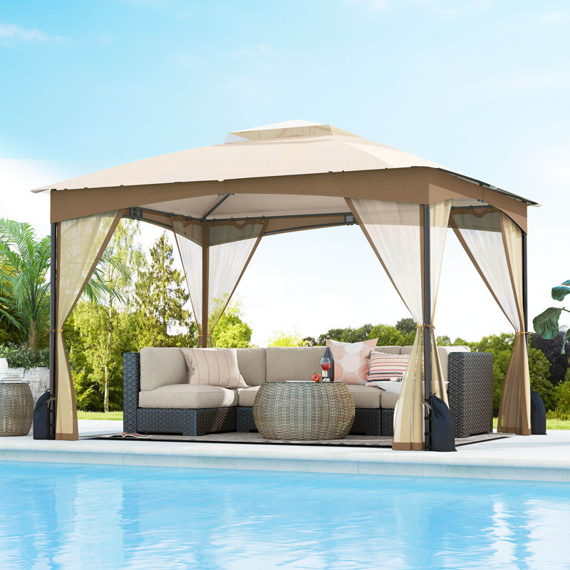 Patio Gazebo with Netting Walls 4 Sandbags Zippered Doors Outdoor, Khaki, 114" H x 144" W x 120" D