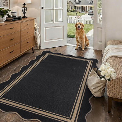 3x5 Outdoor Rug Washable Non Slip Rug for Entryway Indoor Outdoor Farmhouse Neutral Scalloped Carpet for Backyard Patio Proch Living Room