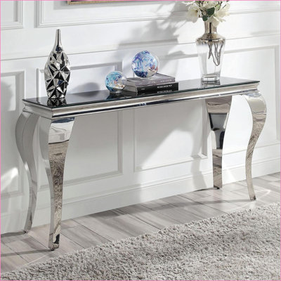 Glam Black Glass Coffee Table with Silver Stainless Steel Legs for Living Room, Easy-Clean