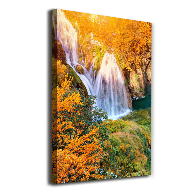 Waterfall In Autumn - Wrapped Canvas Print