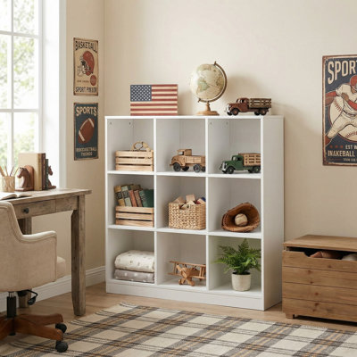 Bibliothèque de rangement moderne autoportante à 9 cubes, 2 trousses de sécurité anti-basculement et bords arrondis sans bavures, convient au salon, à la chambre d'enfant et à la salle de jeux
