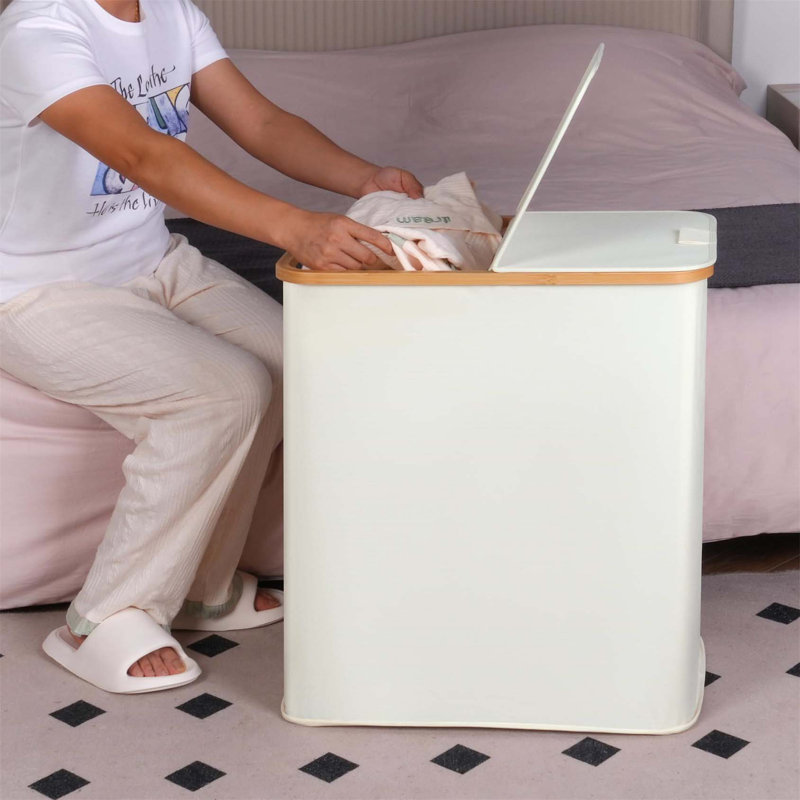 Bhargava Laundry Hamper with Handles, Beige, Fabric/Bamboo, 65 x 57 x 37