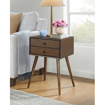 Mid-Century Modern Wood Chairside End Table With Drawers