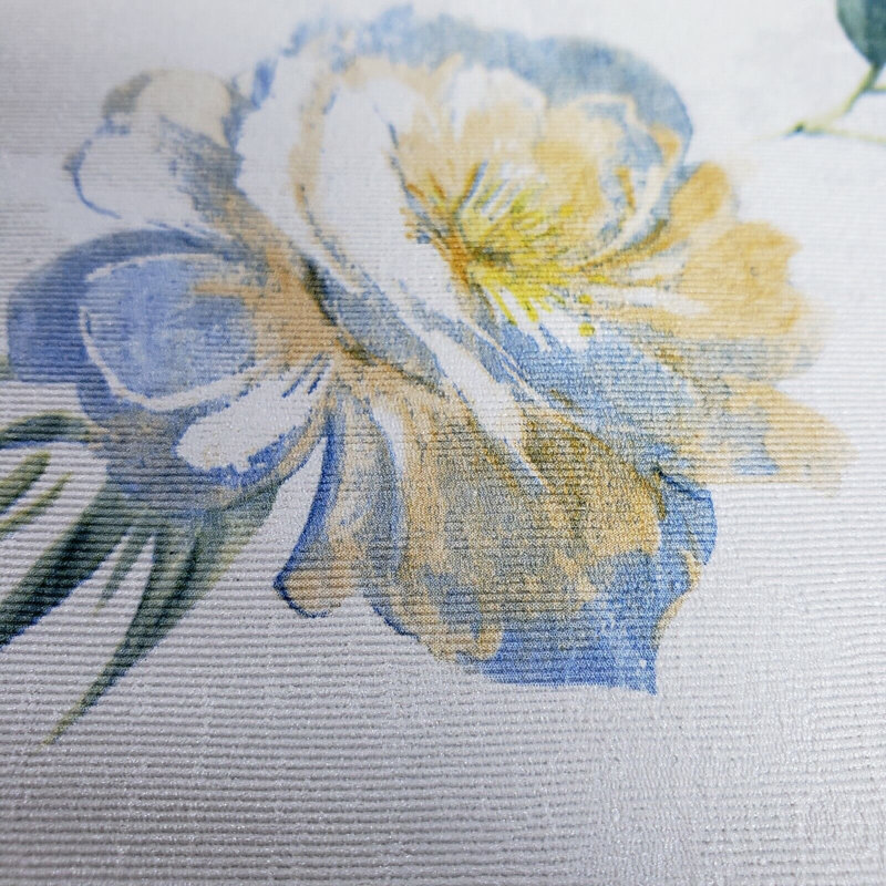 floral Wallpaper rolls blue flowers rustic white cream faux textile 3D