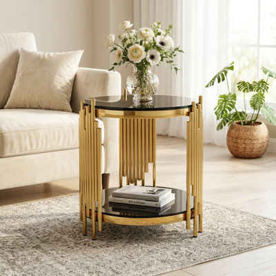 Modern Luxury Round Glass End Table,2-Tier Tempered Glass Side Table with Stainless Steel Frame 