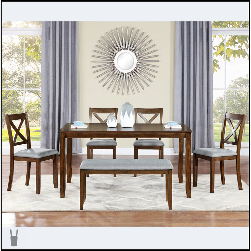 Ensemble de salle à manger de cuisine 6 pièces, table rectangulaire en bois avec 4 chaises rembourrées et un banc pour 6 personnes, salon, bar personnel