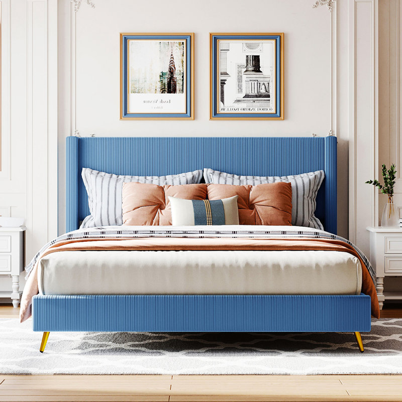 Grand lit plateforme tapissier Daventry, Bleu 1