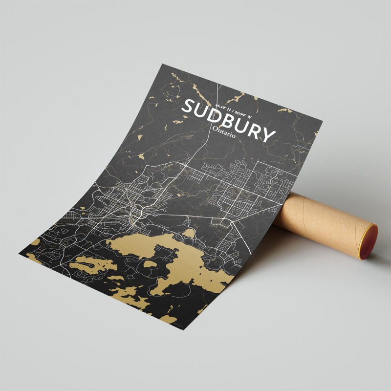 " Sudbury Canada City Map ", 17" H x 11" W, Black/Gold