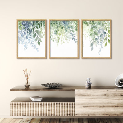 «Greenery Leaves Watercolor», ensemble de 3 reproductions d'art botaniques encadrées - Botanical Nature Prints