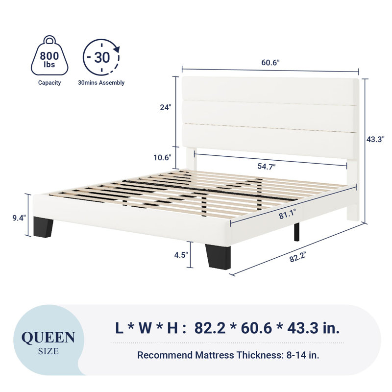 Base de lit plateforme avec tête de lit, Blanc, Grand lit