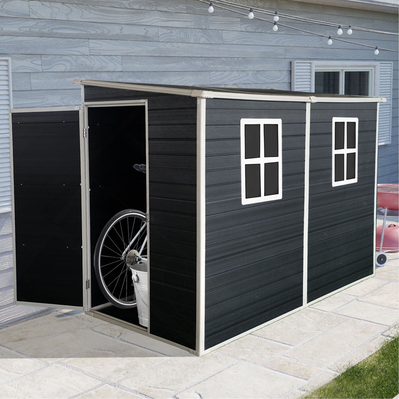 4x8ft Outdoor Storage Shed with Floor Resin shed with Two-Window, Waterproof ,Lockable Doors for Patio,Yard,Lawn, Black