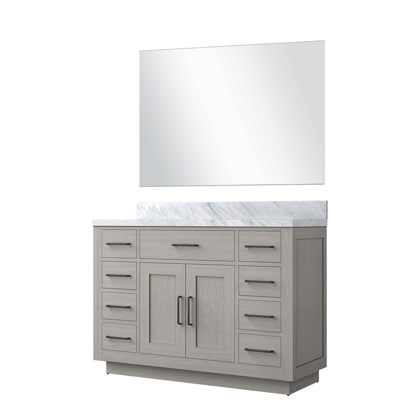 48 po De meuble-lavabo simple en chêne blanc avec comptoir en marbre, miroir 43, fonction de fermeture en douceur et cadre en bois massif