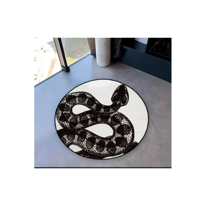 White Black Snake Detailed Woven Base Modern Decorative Carpet, Round 2'8"