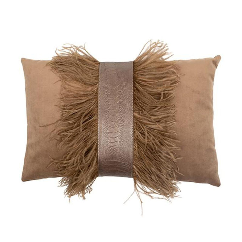 Velvet Lumbar Pillow w/ Feather Trim, Antique