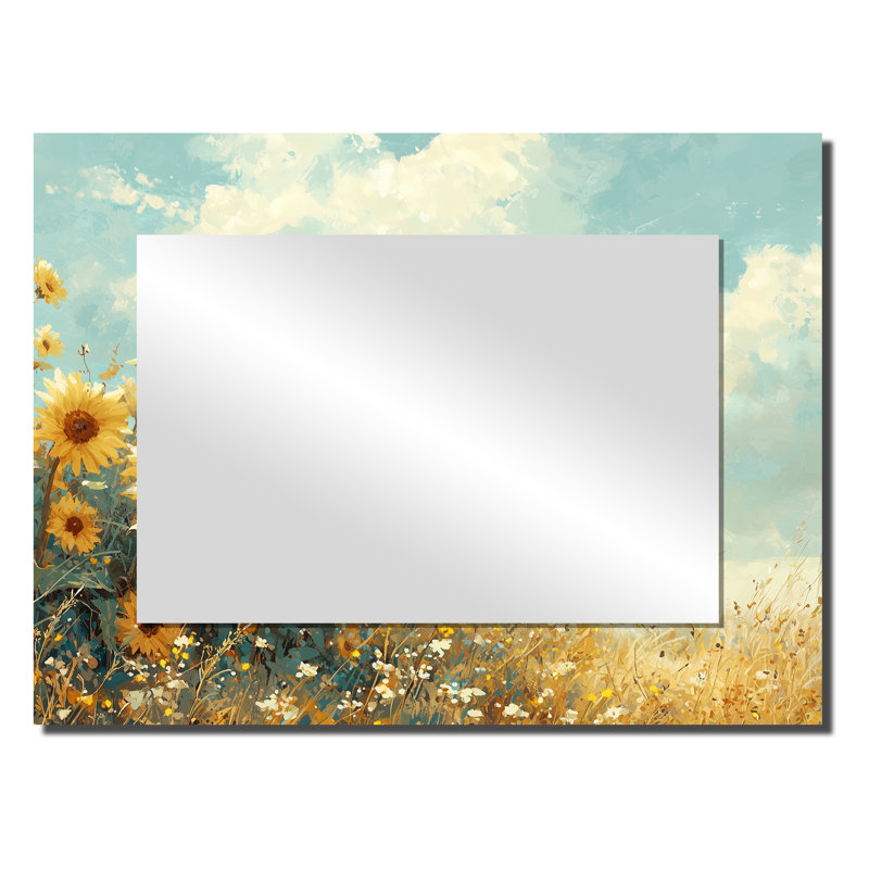 «Countryside Sunflowers In The Wind» - Décoration murale miroir floral - imprimé sur métal, 24 po x 32 po