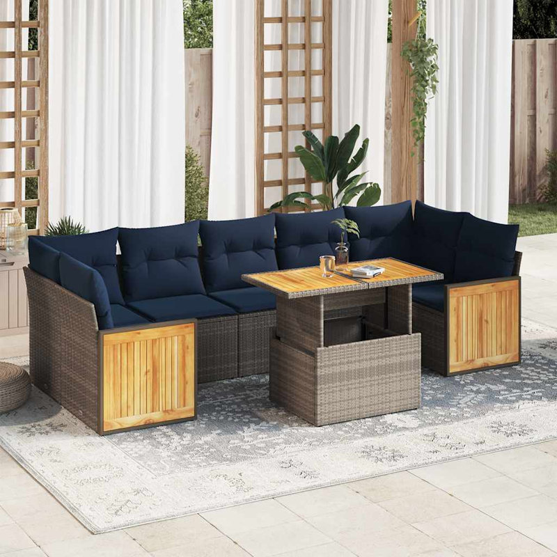 8 Piece Garden Sofa Set With Cushions Grey Poly Rattan Acacia