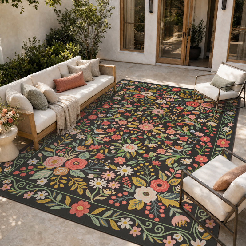 Tapis intérieur/extérieur à motif floral antidérapant et résistant aux UV, Rectangle 9' x 12'