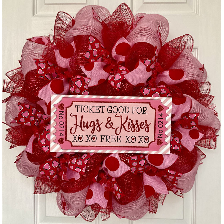 Valentine's Day mesh ribbon wreath with glitter hearts and birds