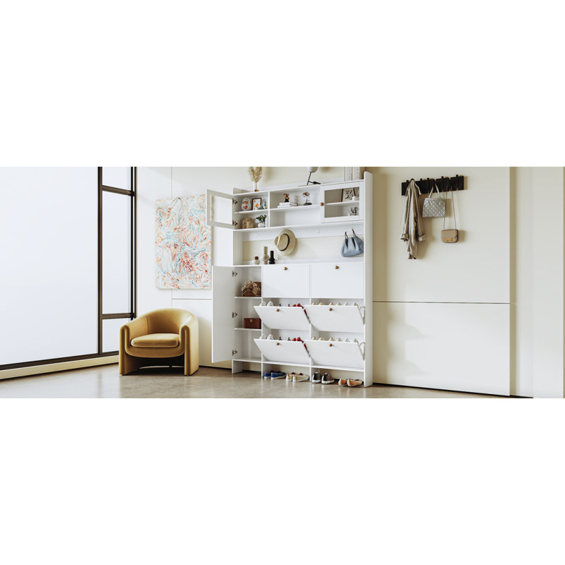 Multifunctional Tipping Bucket Shoe Cabinet With Storage Shelf & 6 Flip Drawers, Large Hall Tree With Tempered Glass Doors, Foyer Cabinet With 4 Hooks For Hallway