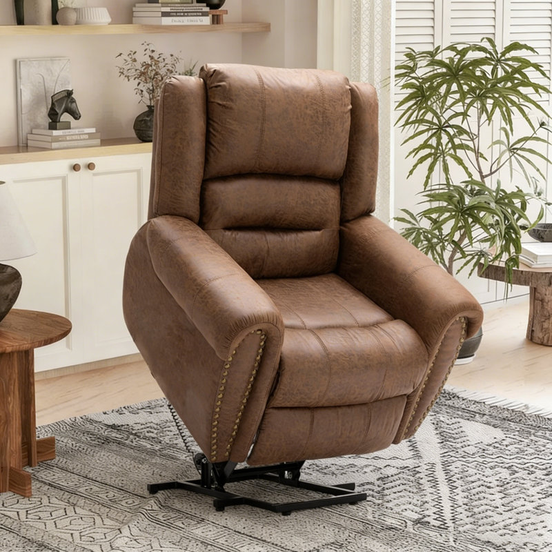 42'' Vintage Oversize Vegan Leather Rivet Power Reclining Chair with Remote Control, Dark Brown Faux Leather