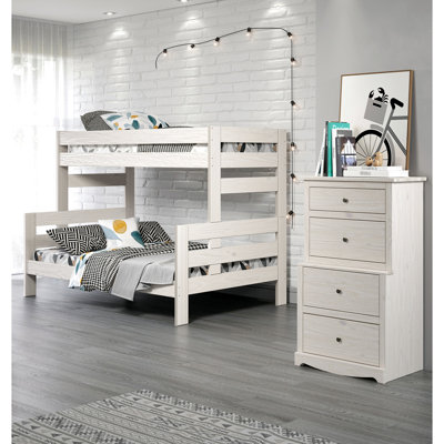 Rustic White Bunk Bed With Plank Style And , Solid Wood, 78 Inches Wide, 56 Deep, 61 High Twin Design Headboard/ Brazilian Pine Material,