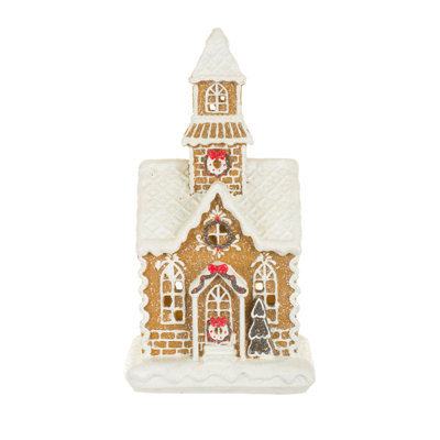 White Resin Gingerbread House Warm White LED Display with Steeple