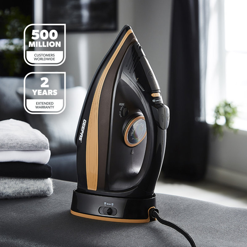 GEEPAS Steam Iron | Clothes Dry & Steam Press | 40s Fast Heat-Up Vertical Steaming | Ceramic Soleplate Adjustable Temperature Cordless | 300ml Tank 1g/Steam Output | 2 Year Warranty 2400W Black/Gold