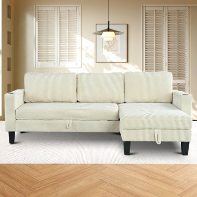 Canapé d'angle réversible avec méridienne de rangement, porte-gobelets et ports intégrés aux accoudoirs, 3 couchages en velours côtelé pour appartement, chambre, salon - beige, profondeur 206,7 cm, largeur 134 cm, hauteur 85,6 cm, poids 52,4 kg