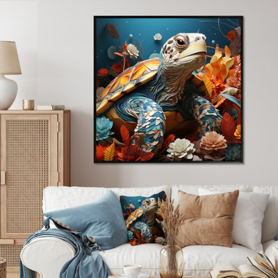 Turtle Journey Coral, impression géométrique sur toile encadrée