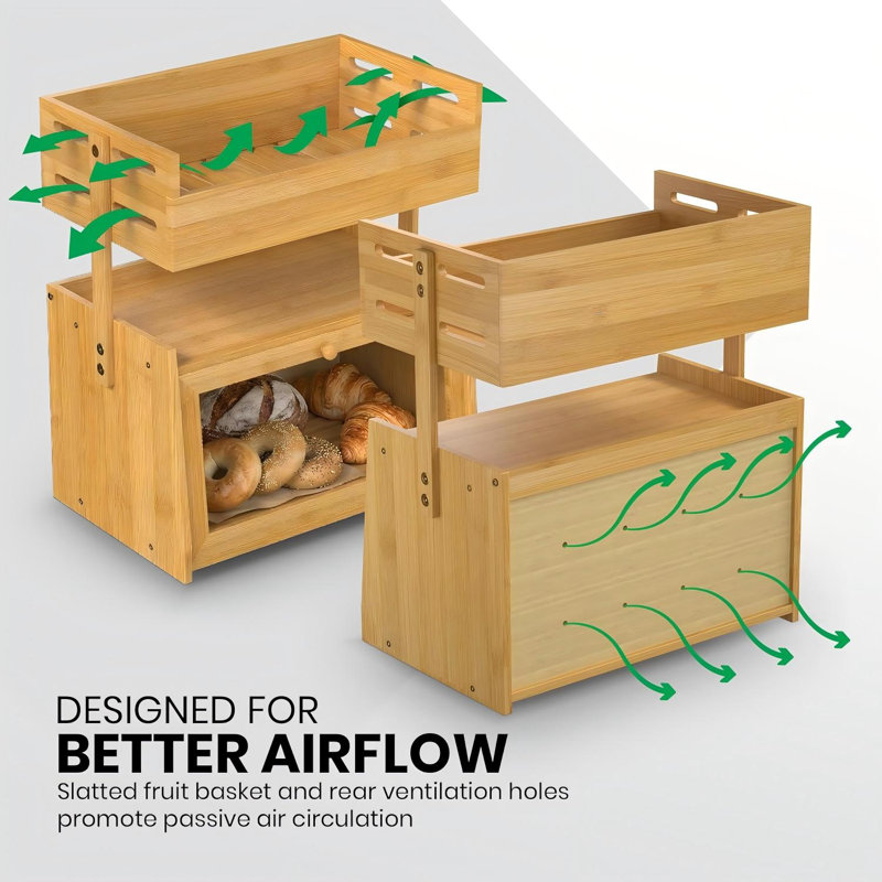 Bamboo Bread Box With Fruit Basket, 2-In-1 Kitchen Countertop Organize